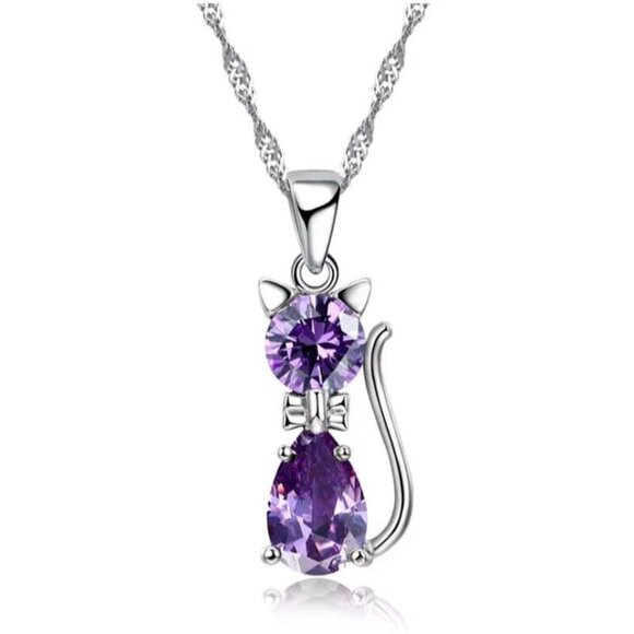 Crystal Cat Silver Necklace Purple Cubic Zirconia Pendant 18" Chain - Picture 1 of 2